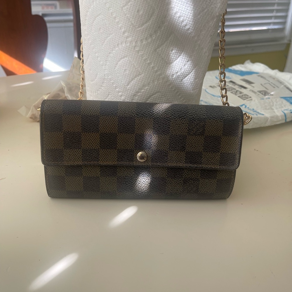 Louis Vuitton Brown Wallet with Checkered Pattern and Metallic Clasp